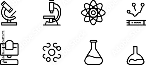 Minimalist line art science icons collection featuring microscope and laboratory elements