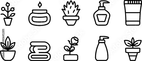 Minimalist line art skincare icons set featuring cream jar and plant elements for design