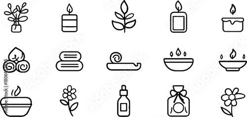Minimalist line art of spa and relaxation symbols featuring candles and aromatherapy elements
