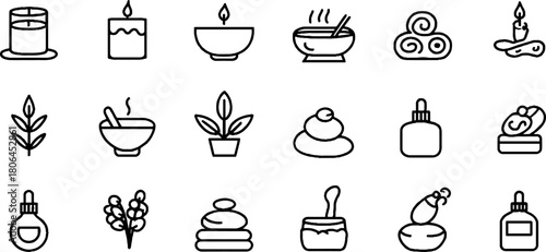 Minimalist line art spa icon collection featuring candle and massage elements for wellness design