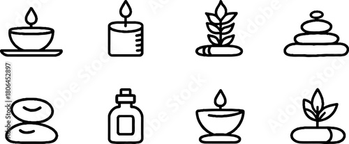 Minimalist line art spa icons set with candle and massage elements for relaxation design