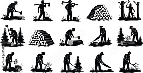 lumberjack cutting wood, man chopping logs, woodcutter outdoor work, forestry worker silhouette, timber harvesting illustration, traditional wood cutting