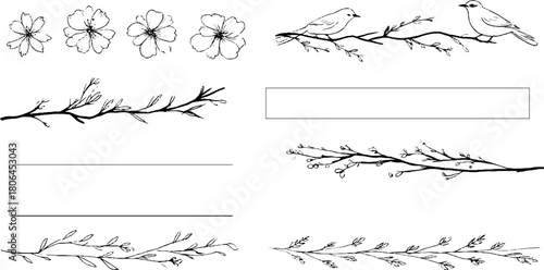 Minimalist spring borders with floral and bird line art for seasonal design