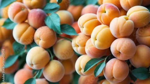 Close-up of ripe soft orange apricots clustered together with green leaves showcasing their smooth texture and warm colors in natural light with a blurred background highlighting a lush fruit-laden