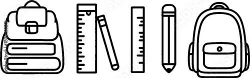 Minimalist line art study icons set featuring books, backpack, pencil, and ruler for educational design