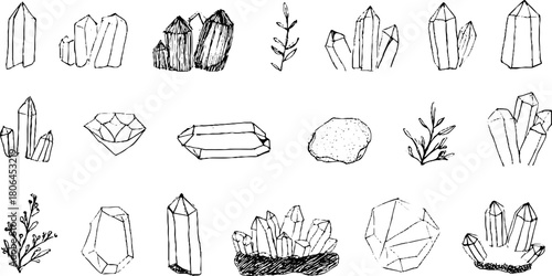Minimalist line art of stones and crystals for design projects
