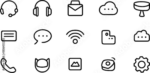 Minimalist line art icons set featuring communication and support tools for graphic design