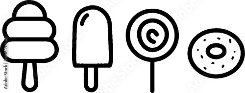 Minimalist line art of sweets and desserts featuring ice cream, lollipop, donut