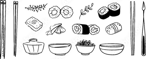 Minimalist line art set of sushi and japanese meal elements for culinary design