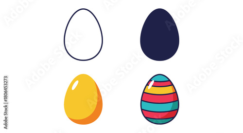 Four colorful eggs in different styles white dark blue yellow and striped