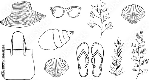 Minimalist line art of summer accessories: hat, sunglasses, flip flops, and seashells for beach-themed design