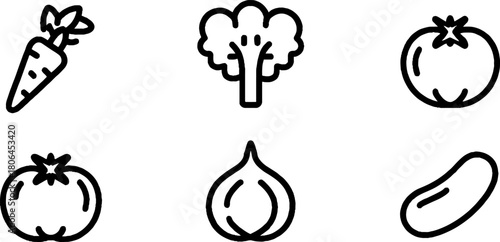 Minimalist vegetable icon set featuring carrot, broccoli, tomato, and onion for modern design projects