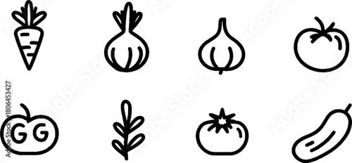 Minimalist line art set of vegetable icons featuring carrot onion tomato for modern design