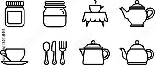 Minimalist line art of vintage kitchenware elements for retro design projects