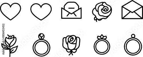 Minimalist line art collection of valentine's day icons featuring hearts roses envelopes and rings for romantic designs