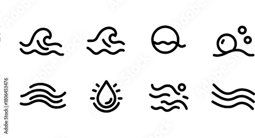 Minimalist line art water icon collection featuring waves and droplets for design projects