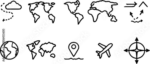 Minimalist line art world map elements for travel and navigation design