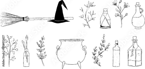 Minimalist line art collection of witchcraft items featuring broom and potion bottles for halloween design