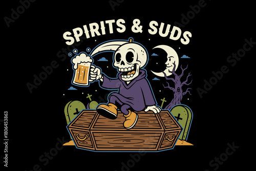 Skeleton enjoying a beer on a coffin.