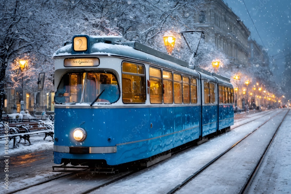 Obraz premium Blue tram driving on snow covered tracks at night
