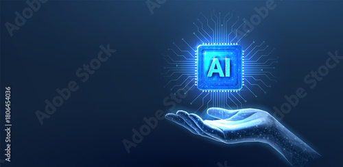 Chip with AI letters in hand. AI technology, robot core, electric line, artificial intelligence, cpu system, future tech, electronic cloud computing concept. Abstract illustration

