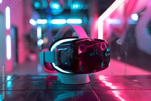 Vr headset sits on display, showcasing cutting edge virtual reality technology in a vibrant, neon lit setting