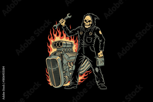 Grim Reaper Mechanic with Flaming Hot Rod Engine.