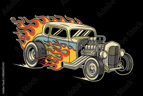 Vintage Hot Rod Car with Flames Illustration.