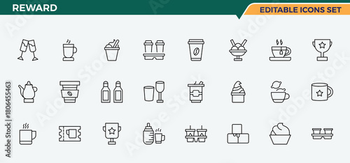 Reward line icon set. Includes thin line symbols medal, champion, competition, award, winner and more. Cup modern icon set. Modern icons collection. Editable vector stroke.