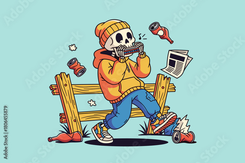Skeleton playing harmonica with a casual urban style.
