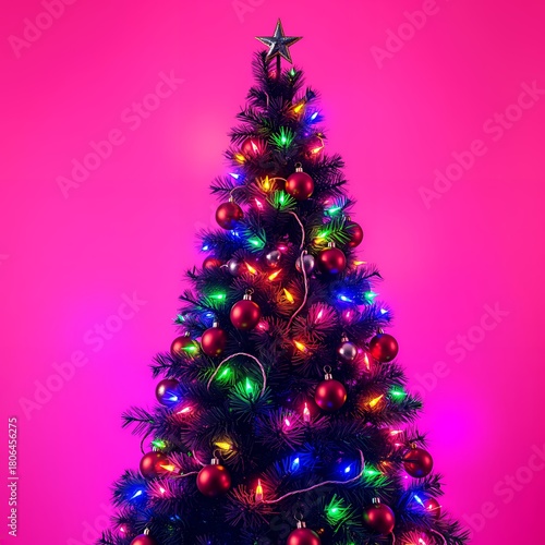 Festive christmas tree with colorful lights and ornaments on pink background christmas background holiday background winter christmas design decoration merry celebration