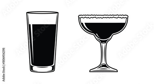 Illustration of a tall glass and a stemmed cocktail glass filled with dark liquid