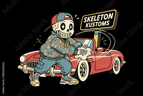 Skeleton character in streetwear pushing a vintage car.