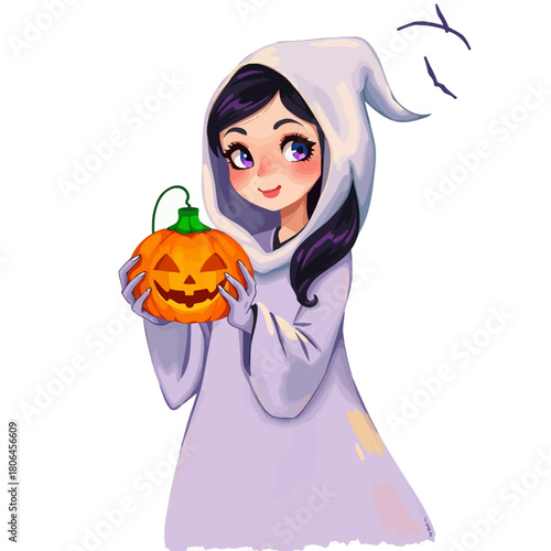 Halloween witch girl holding a glowing pumpkin in an autumn festive setting