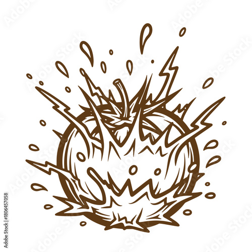 Brown ink sketch vintage illustration of a bursting fruit with splashes and impact