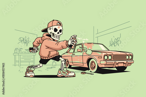 Skeleton character spray painting a vintage car with graffiti ar