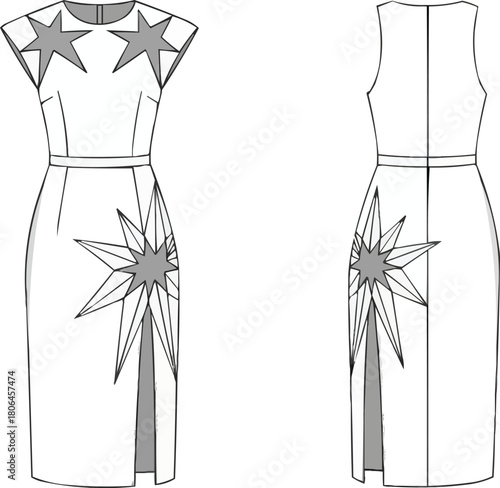 Star applique midi dress fashion flat vector outline, cap sleeve bodycon sheath silhouette with high slit, celestial motif technical drawing illustration