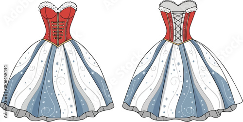 Holiday corset costume dress flat vector, sweetheart neckline lace-up bodice, winter party outfit illustration, festive skirt technical drawing