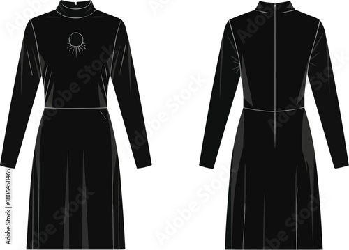 Black Velvet Mock Neck Dress Flat Vector, Long-Sleeve Midi Winter Party Dress Illustration, Celestial Sun Graphic, Fashion Technical Drawing, High Collar Outfit Design
