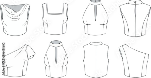 Assorted Sleeveless Top Vector Set, Fashion Flat Illustration, Cowl Neck, Square Neck, Halter Neck, One-Shoulder, High Neck, Bodice Technical Drawing Bundle