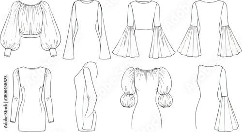 Long-sleeve blouse and dress fashion flat vector set, puff sleeve, balloon sleeve, bell sleeve, fitted mini dress