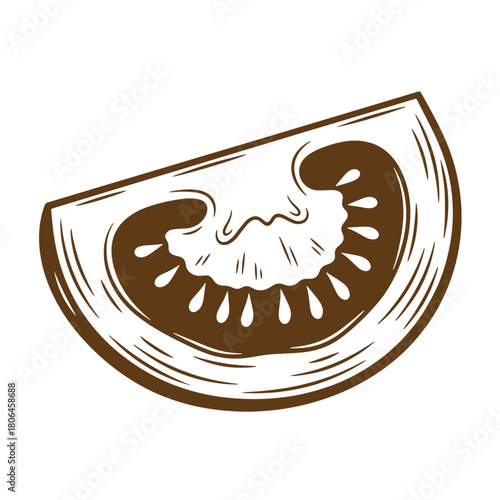 Brown tomato slice illustration with a sketch vintage style isolated on white background