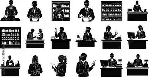 pharmacy, pharmacist, medicine, laboratory, chemist, healthcare, prescription, drugstore, research, scientist, worker, analysis, compounding, customer, service