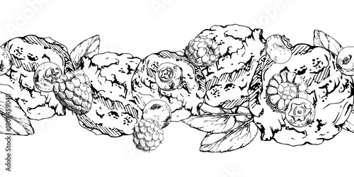 Mint leaves garnish on ice cream yoghurt sorbet gelato scoops, blueberry raspberry topping. Vector graphic seamless banner header border hand drawn in pen and ink. Confectionery branding, food blog