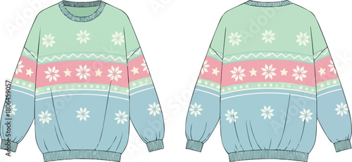 Ugly Christmas sweater pattern vector, oversize crewneck flat lay, geometric fair isle print, winter holiday fashion illustration