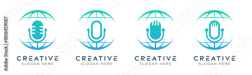 Set of world podcast logo design templates. Modern isolated globe with mic podcast design for technology, interview and broadcast.
