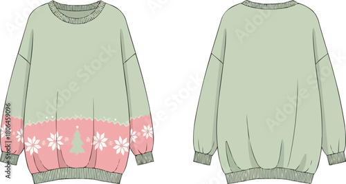 Flat vector oversize Christmas sweater, geometric fair isle pattern, winter holiday apparel illustration