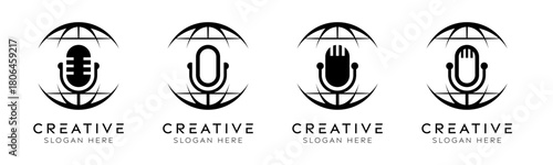 Set of world podcast logo design templates. Modern isolated globe with mic podcast design for technology, interview and broadcast.