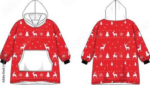 Red Fair Isle Reindeer Oversize Hoodie Blanket, Wearable Blanket Fashion Flat Vector, Christmas Loungewear