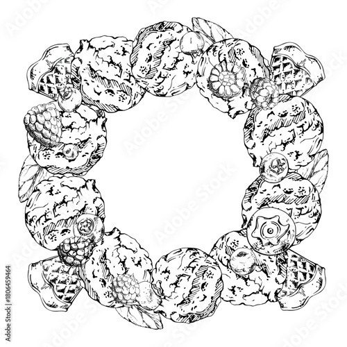 Sorbet gelato scoops with waffle slices, fresh mint, raspberry blueberry. Vector graphic wreath frame illustration hand drawn in ink. Frozen menu parlor design, sweet planner, street food vendor stall